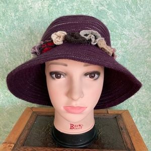 MEMAR cloche /bucket hat for women, purple and tan color, crocheted flowers#7636